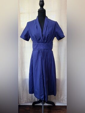 Narciso Rodriguez Navy Cotton Dress Made In Italy Size 4 Pleated Waist V Neck